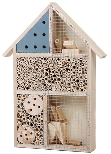 Bienenhaus 25,4 x 35,6 x 5,1 cm natürliches sichtbares Garten-Bienenhotel aus Holz mit verschiedenen Räumen Stabiler dekorativer DIY-Schmetterlingsunterstand für Marienkäfer Florfliegen Libellen