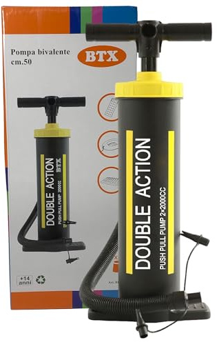 Sicignano | Pompa Bivalente 50 cm – Gonfiatore Doppia Azione con 3 Bocchettoni – Volume 2x2000cc – Per Gonfiabili, Materassi, Piscine, Canoe – Alta Capacità, Rapida ed Efficiente