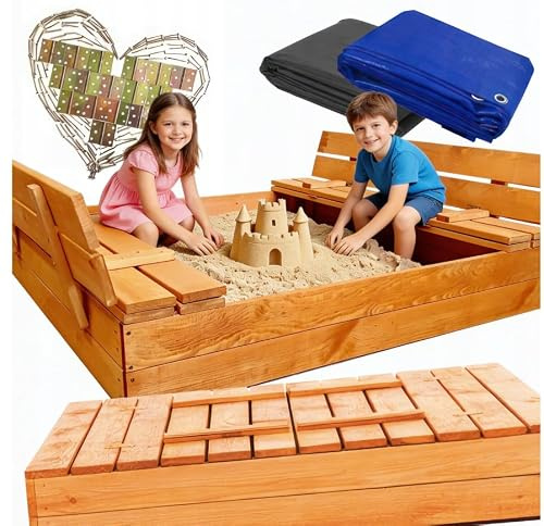 Premium Sandkasten 120x120 cm Imprägniert Grau Sandbox mit Abdeckung Sitzbänken Deckel Plane Sandkiste Holz Kiefer Sandkastenvlies