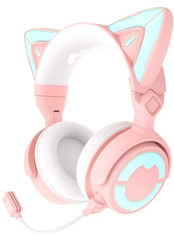 YOWU RGB-Katzenohr-Kopfhörer 4GS, verbessertes kabelloses und kabelgebundenes Gaming-Headset mit aufsteckbarem HD-Mikrofon, aktive Geräuschreduzierung (Rosa)