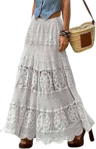 LLECDASEUI Women's Western Floral Lace Crochet Knit Maxi Boho Skirts A-Line Eyelet Hippie Flowy See-Through Long Skirt (White,One Size)