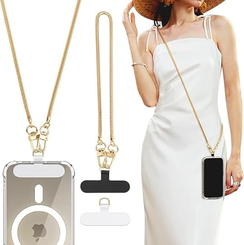 TiMOVO Phone Chain Crossbody, Universal Phone Lanyard with 1× Metal Strap, 1× Wrist Strap, 2× Pads, Crossbody Chain Compatible with Most Smartphones, Gold