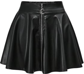 GORGLITTER Women's PU Leather Swing Mini Skirts Elastic Waist Zipper Front A Line Skater Punk Rave Skirt Black Small