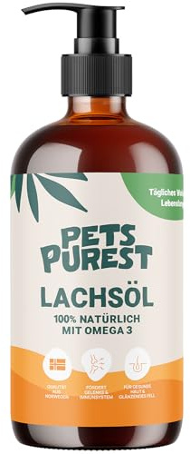 Pets Purest Olio di salmone per cani e gatti 1000 ml – Olio di salmone norvegese puro con Omega 3-6-9 e vitamina E – Supporta pelle, pelliccia, articolazioni e sistema immunitario – 100% naturale