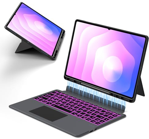 ROOFEI Galaxy Tab S11 Ultra/S10 Ultra/S9 Ultra/S8 U-ltra - Custodia con tastiera QWERTZ, tastiera rimovibile con touchpad, illuminazione a 7 colori, con portapennino, colore: nero
