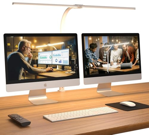 APMIEK Doppelkopf Schreibtischlampe LED Dimmbar, 24W 76CM Schreibtischlampe Klemmbar, 3200K-6500K Schwanenhals Büro Tischlampe Augenschutz Arbeitsplatzleuchte Monitor Lampe PC Lampe(Weiß)