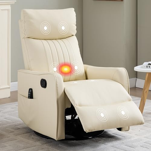 Manual Swivel Rocker Recliner Chair for Adults, Overstuffed Reclining Glider Chair for Nursing with Vibration Massage & Heat, Living Room Rocking Recliner 2-Stage backrest, Faux Leather Light Yellow