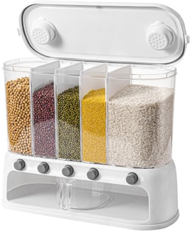 Esenlong 5 Grid Cereal Dispenser,12L Dry Food Dispenser,Rice Storage Container,Sealed Grain Container With Remove Divider,Food Bucket for Kitchen Home To Storage Flour,Oats(42x18x34cm)