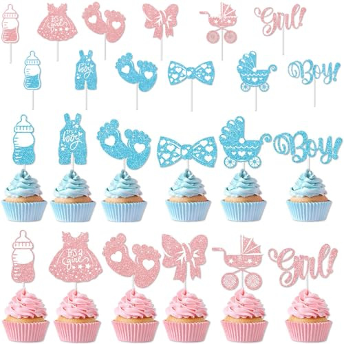 24 Stück Gender Reveal Tortendeko, Baby Junge oder Mädchen Cupcake Topper mit Glitzer für Baby Shower, Taufe und Kindergeburtstag, Blau und Rosa