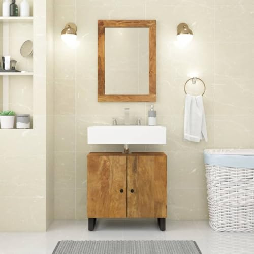 Bucmath 2-TLG. Badmöbel-Set Massivholz Mango, 62x33x58cm Unterschrank mit Spiegel, Honigbraun, für Badezimmer, Robust & Einzigartig