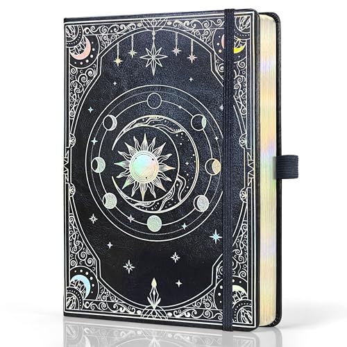 BIROYAL Notizbuch A5 Dotted, 120gsm PU Bullet Journal, 256 Seiten, Schwarz | Holo PU Dotted Notebook, 180° flach, Kein Ausbluten, mit Innentasche Stiftschlaufe Gummiband,Für Frau Mann Büro Schule Doodle