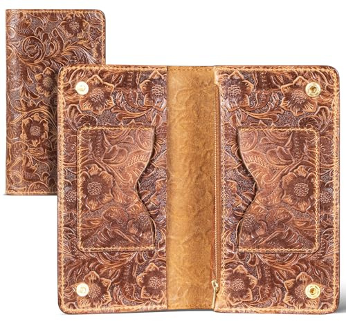 Gexmil Leather Wallet for Women Men,Top Grain Leather Bifold Clutch, Zipper Coin Pocket, Phone Pocket,Money Organizers, Credit Card Holder, Floral Brown