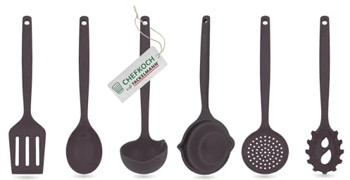 Chefkoch trifft Fackelmann Küchenhelfer Set 6-teilig – Aus Platin Silikon, Schlitzwender, Servierlöffel, Schöpflöffel, Abseihlöffel, Spaghettilöffel, hitzebeständig bis 230 Grad, für Antihaftpfannen