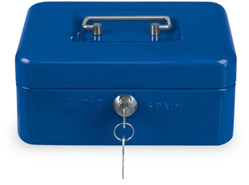 Amig - Cassaforte | Cassetta di sicurezza per denaro, banconote e monete | Con vassoio portamonete e 2 chiavi | Acciaio | Colore: blu | 250 x 180 x 90 mm