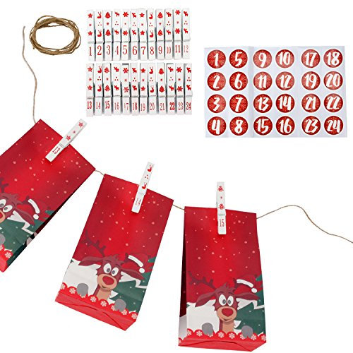 Roomando Adventskalender mit 24 Tüten Didi inkl. Holzklammern und Schnur + Klebezahlen zum selbst befüllen
