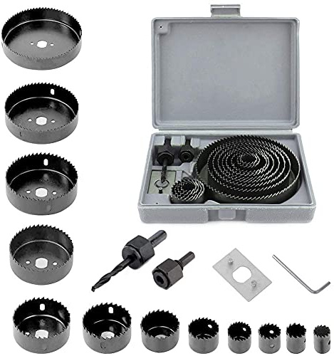 Ejoyous Hole Saw Set, 13PCS 19mm-127mm Hole Cutter Set, 2 Mandrels, 1 Installation Plate, 1 Hex Key for Drilling Soft Wood, PVC and Plastic Plate