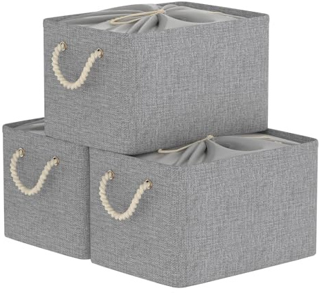 Yawinhe 3 Stück Faltbare Aufbewahrungsboxen,Korb,33x23x20cm,Grau | Aufbewahrungskorb Stoff,mit Kordelzug-Abdeckung und 2 Griffen, Körbe Aufbewahrung,Kisten Aufbewahrung für Schrank und Regal
