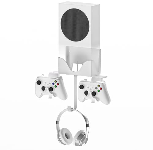Hosanwell Wandhalterung für Xbox Series S, Halterungs Wand für Xbox Series S Konsole und Controller und Kopfhörer, Halterungs mit Rutschfester Matte, Ladekerbe für USB Kabel Erhältlich weiß