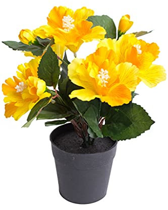 Nova-Nature künstlicher Hibiskus mit 5 Blütenköpfen im schwarzen Kunststofftopf (gelb)