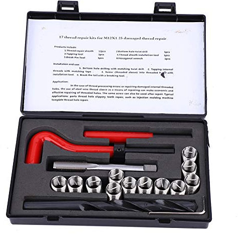 17-teiliges Gewindereparaturset, M12x1,25 Edelstahl Helic-Oil Kit Ss Bohrer Gewindebohrer Gewindeeinsätze Installationswerkzeug