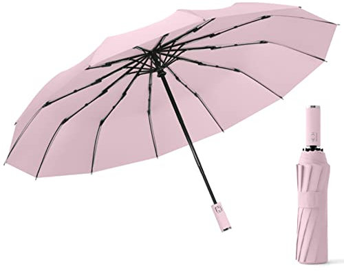 XuanMax Winddicht Regenschirm Auf-Zu-Automatik 12 Rippen Taschenschirm Sturmfest Tragbar Reise Schirm Kompakt Robust Klappschirm Taschenregenschirm für Damen Herren Erwachsene Kinder - Pink