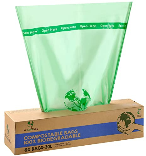 Mr. Green Mind Biomüllsäcke 30 Liter 60 Stück biologisch abbaubare Abfallsäcke – 72 x 54 cm – 100% kompostierbare Müllsäcke – Inkl. Spender – Müllsäcke für Biomüll