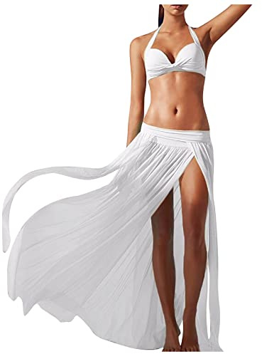 Jupe Longue en Mousseline de Soie Femmes Été Boho Sarong Paréo Cache-Maillot Bikini Écharpe Robe de Plage Bikini Cover Up Fluides Maxi Jupe Fendue Taille Haute Chic Mode (Blanc,Taille Unique)