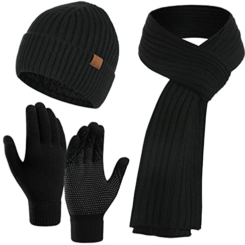 Juego de 3 guantes unisex de invierno para gorro, bufanda, gorro de punto cálido, guantes de pantalla táctil, bufanda larga para hombres y mujeres
