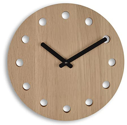 Natuhr Wanduhr Eiche unbehandelt Holz - Dots - geräuscharmes deutsches Uhrwerk, puristisch, modern, 30 cm Durchmesser