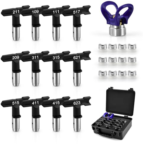 Airless Paint Spray Tip Set, 12 Pieces Reversible Spray Tips and 1 Nozzle Seat with a Storage Box, Airless Paint Spray Parts for Home Building(109,111,209,211,311,315,411,415,515,517,621,623)