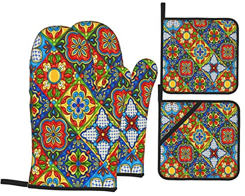 Mexican Talavera Ceramic Tiles Pattern Oven Mitts and 4 Set of Kitchen Gloves Waterproof Oven Gloves and Insulation Gloves ，for Baking Cooking Grilling，BBQ。