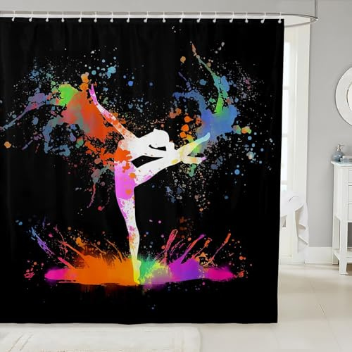 Ballet Bathroom Accessories for Girls,Ballerina Ballet Dancer Shower Curtain Sets,Watercolor Tie Dye Fabric Shower Curtain,Gymnastics Sports Bathroom Curtains Teal Orange Pink Red Green 72Wx72L