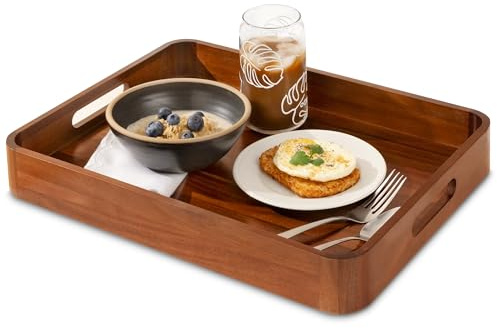 Bandejas de Madera de Acacia con Asas para Comer, Aperitivos, Alimentos, Aperitivos o decoración del hogar, Bandeja Grande de Madera para Cama o Bandeja de TV, Accesorio Decorativo otomano o Mesa de