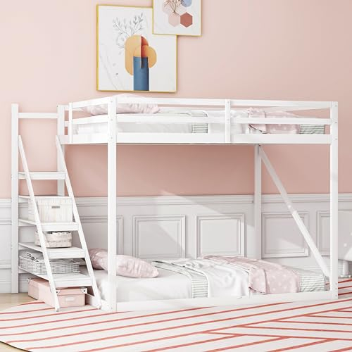 Idemon Lettino a soppalco 140 x 200 cm, con scala di sicurezza, letto a castello in legno massello con rete a doghe, adatto per bambini, ragazzi e adulti, bianco, LDB00077