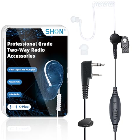 SHON Earpiece for Walkie Talkie Radio with Microphone, 2 Pin Sound Tube Headset,Compatible with Kenwood Baofeng Retevis and Other Two Way Radios (1 Set/Black)