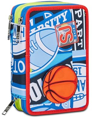 SJ Gang Astuccio Scuola 3 Zip, Blu, RealBasket, Portapenne Triplo Scomparto Completo Di Penne, Matite, Colori, Accessori Zaino, Elementari, Medie, Bambino, 30C202406-535