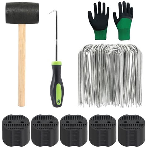 WGDVVJV Garden Peg Set 100 Pcs Weed Membrane Pegs and 100 Pcs Buffer Washer with Pick Hook Rubber Hammer Unisex Protective Gloves, Garden Pegs Weed Mat Pegs