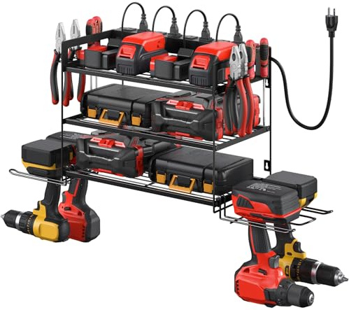 CCCEI Garage Tools Storage with Charging Station. 4 Drills Holder Wall Mount Rack, Black 3 Layer.
