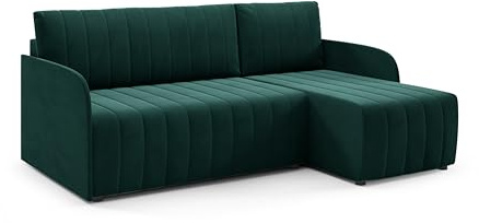 LIKMA Slim Ecksofa L-Form 208 cm Flaschengrün Moderne Sofas & Couches - Velvet Sofa mit Schlaffunktion - Schlafsofa mit Bettkasten - Wohnlandschaft mit Bettzeugbehälter Stoff: Trinity 38