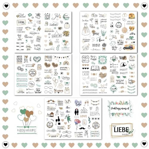 Autocollants de mariage Livre d'or (5 feuilles de 266 autocollants),Autocollants de mariage vintage pour livre d'or ou album photo avec beaucoup d'amour(allemand&anglais,style vert doré)