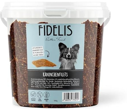Fidelis – Kaninchenfilets für Hunde im wiederverschließbarem 500gr-Eimer - Luftgetrocknete Hunde Leckerlis aus 100% natürlichen Rohstoffen