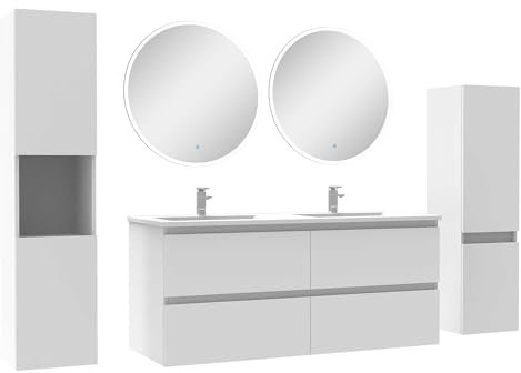 AICA Ensemble Meubles Salle de Bain 120cm Vasque + Colonne + Miroir Rond Mural Blanc