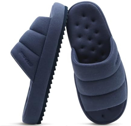 KuaiLu Chaussons Hommes Tissu Chaud Sandales Pantoufles Mémoire de Forme Intérieur Extérieur Maison Chaussures Confortable A Enfiler Léger Coussin Souple Mules pour Homme avec Support, Bleu Foncé 44