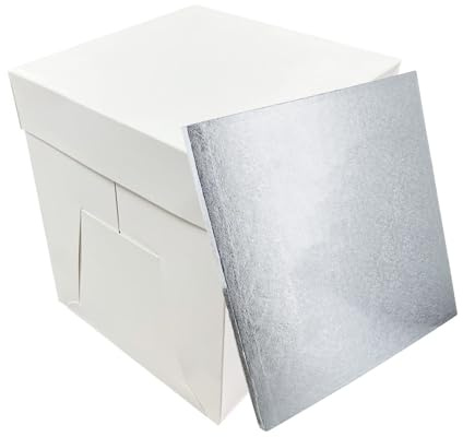 LARRYROO Tall White Cake Box Extra Deep & Silver Square Cake Drum Board Combo For High Celebration, Wedding, Birthday Cakes (12)