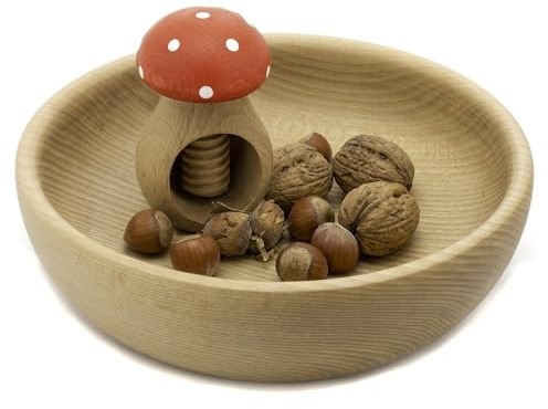Holzfee Nussknacker mit Schale oder Teller Nussschale Nussteller Holz Nussknackerpilz Auswahl (Schale 20 cm | Pilz F)