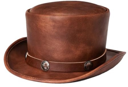 OLSKFUH Damen Herren Pu Leder Hoher Zylinder Steampunk Zylinder Bowler Hut Zauberer Zylinder Topper Hut,Brown-One Size