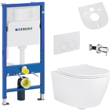 Belvit Hänge WC Set spülrandlos mit Taharet Funktion | Softclose Deckel, Geberit UP100 Vorwandelement, Keramik, Dusch WC