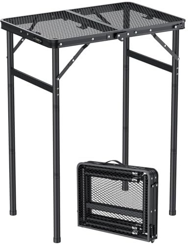 Anbte 2ft Folding Grill Table Max 29.5, 3 Adjustable Height Lightweight Camping Table with Heat-Resistant Mesh Tabletop Portable Handle, Waterproof, for Cooking BBQ Outdoor, 22.8 X 16, Black