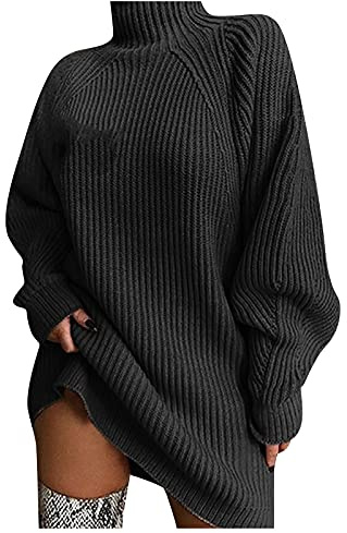 frolicddlook Strickkleid Damen Herbst Pulloverkleid Rollkragen Pullover Kleid Langarm Damen Winterkleid Elegant Herbstkleid Knielang Casual Sweatkleid Midikleid Einfarbige Freizeitkleid Dark Gray M