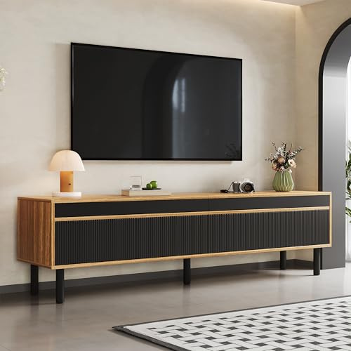 BTM TV Schrank 170 cm, TV Lowboard mit 3 Türen & Push-to-Open Moderner TV Unterschrank in Schwarz Holz Medienschrank mit Holzbeinen Streifendesign Stauraum Sideboard